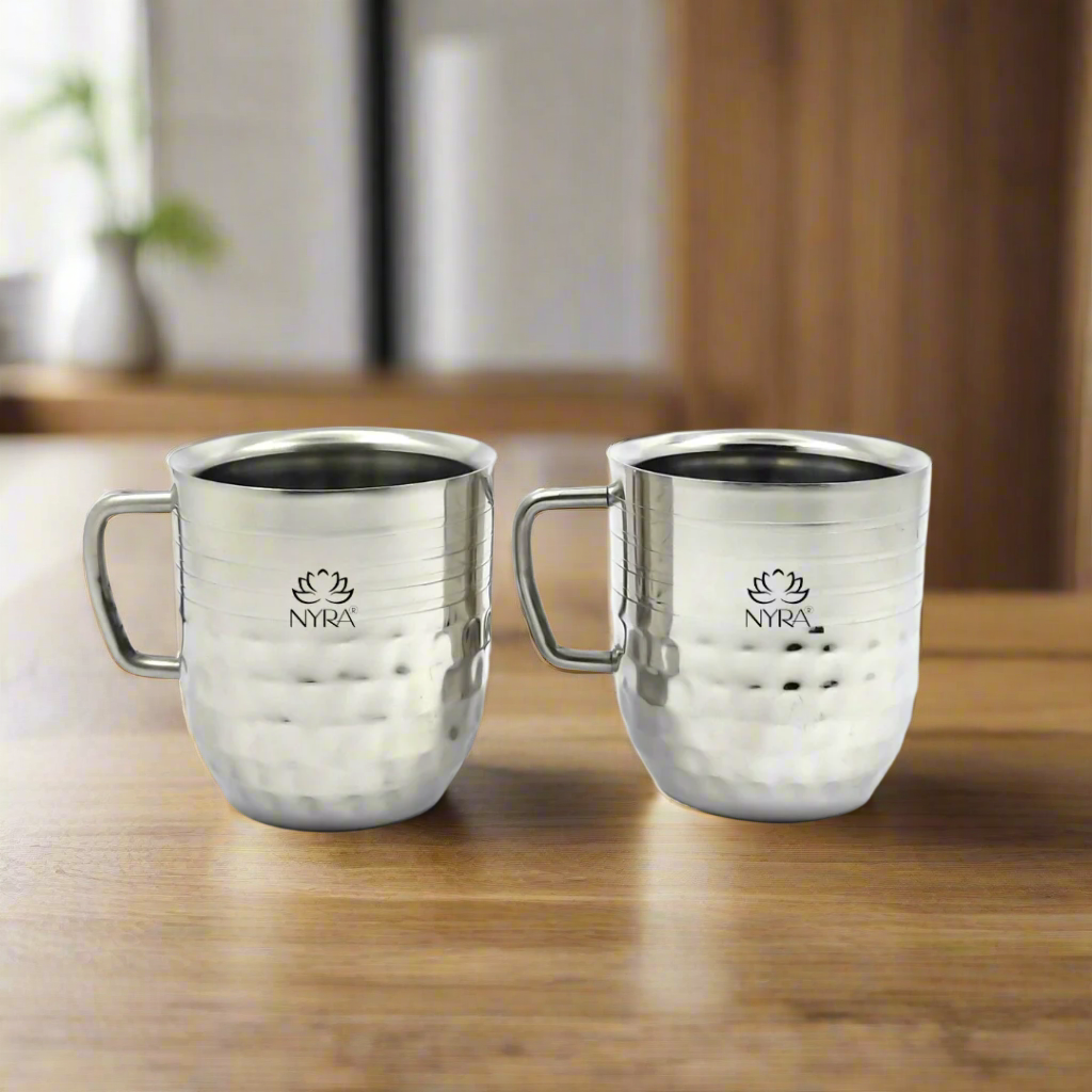 Stainless-Steel Cups with Glossy Finish/Hammered and Ringer Design Mugs Set of 2pcs.