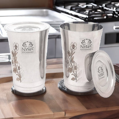 Premium Stainless Steel Floral Print Glass Set with Lid | Coaster