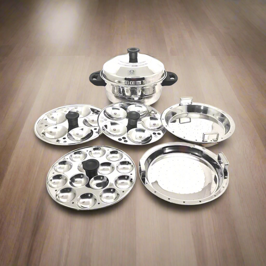 Stainless Steel 5-Plate Idli Cooker with 3-Tier Stackable Idli Plates and 2 Multi-Purpose Plates | Premium Steamer for Idli |