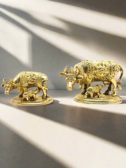 Pure Brass Kamdhenu Cow and Calf Idol | Handcrafted Gau Mata Statue with Detailed Carvings - Vastu & Pooja Decorative Showpiece