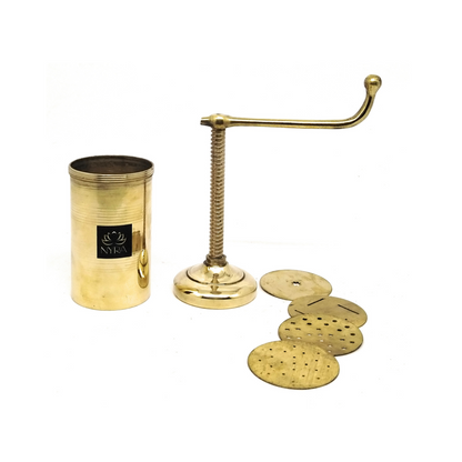 A brass sev sancha with its cylindrical container, threaded handle, and four round perforated plates, displayed on a clean white background.