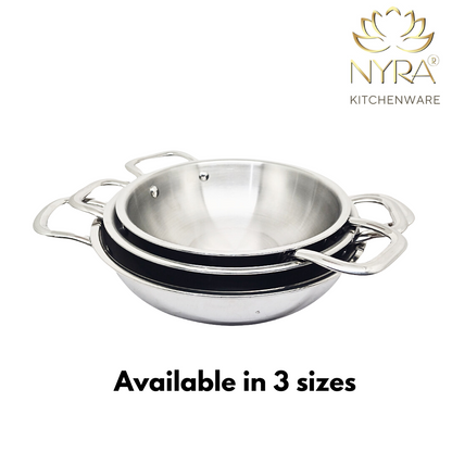 Triply Stainless Steel Kadhai with Lid - Induction Friendly Cookware/Wok - 3 Sizes