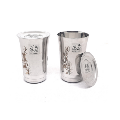 Premium Stainless Steel Floral Print Glass Set with Lid | Coaster