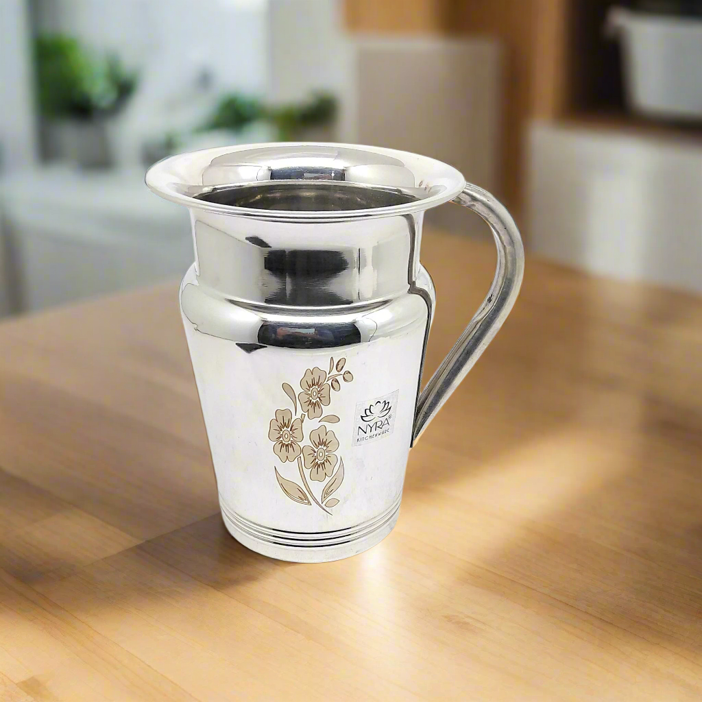 Stainless Steel Floral Lazer Jug | Glossy Mirror Finish Water Jug with Sturdy Handle