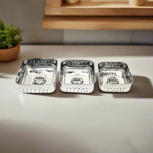Premium Stainless Steel Square Paneer Maker Set | Mould & Strainer with Top Press Lid - Set of 3