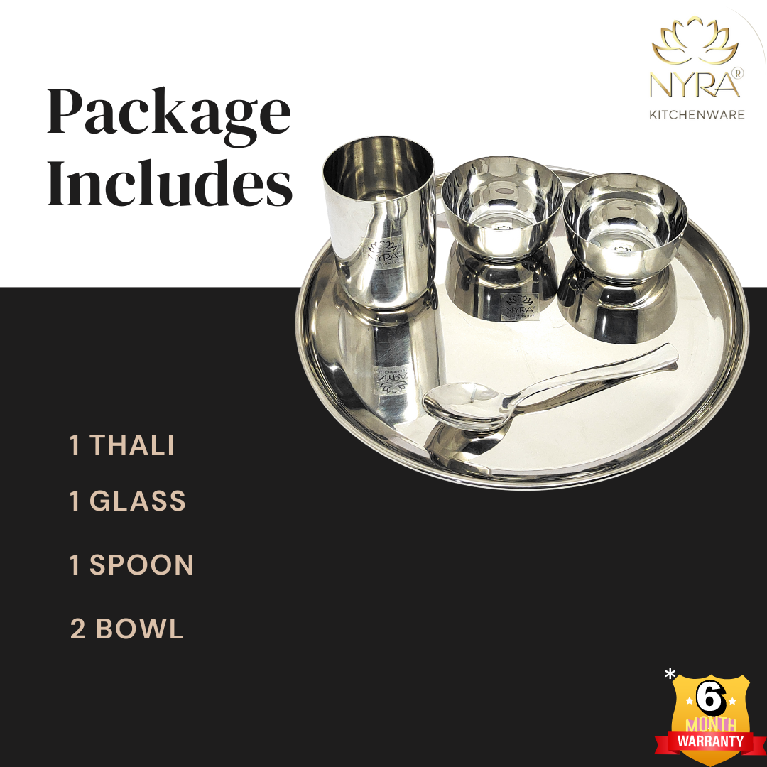 Stainless Steel Premium Thali/Dinner Set of 5-Pieces (1 Thali, 1 Glass, 1 Spoon & 2 Bowls) Dinnerware | Tableware, Silver