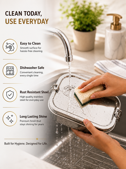 Stainless Steel Rectangular Lunch Box | Leak-Proof Tiffin with Inner Container & Locking Clip