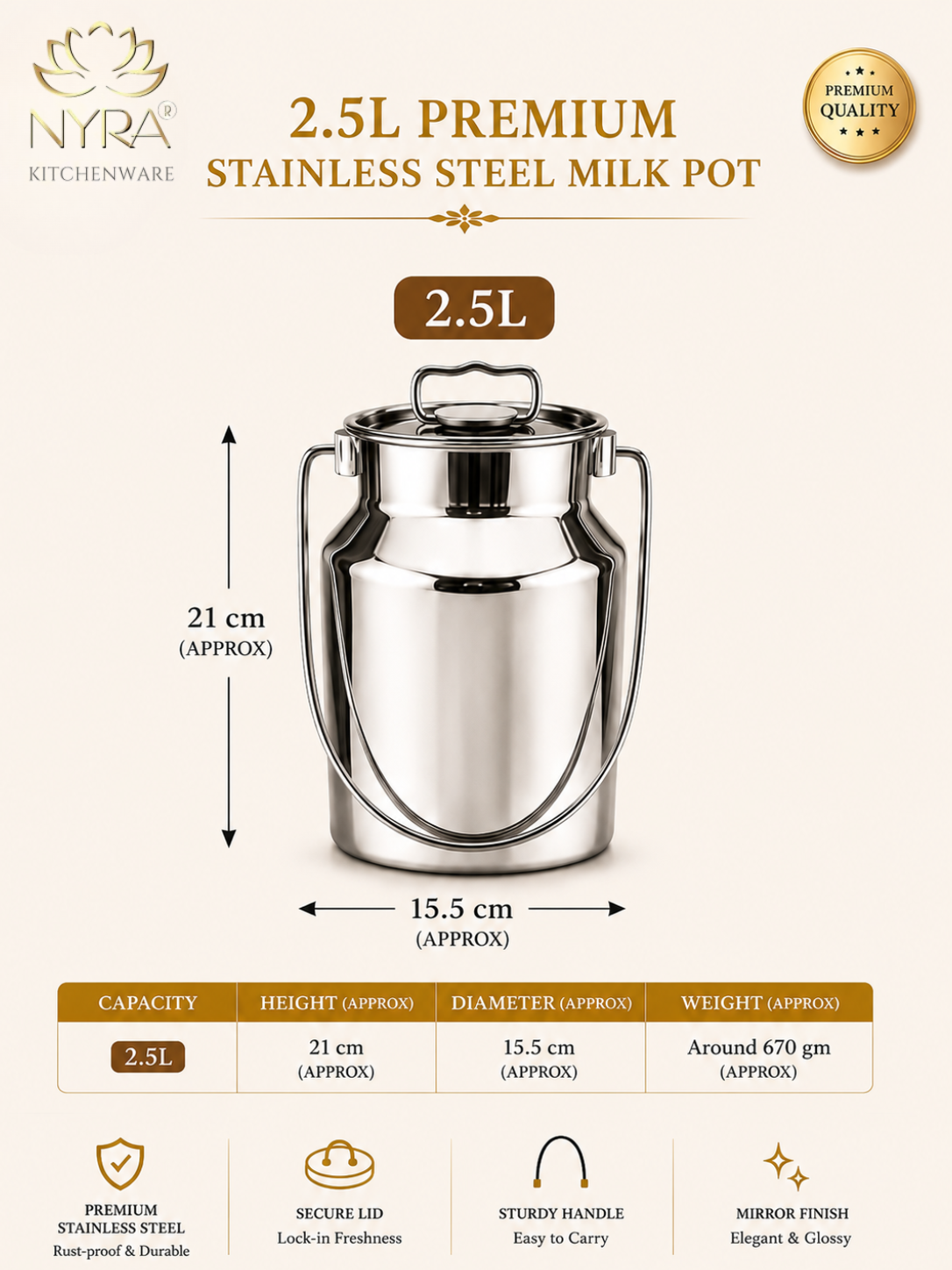 Premium Stainless Steel Milk & Oil Container with Lid – Durable Storage Solution - 6 Sizes