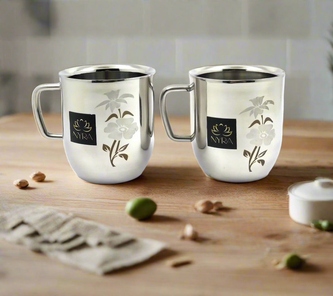 Stainless Steel Glossy Finish Cups with Laser Print & Riveted Handles - Set of 2