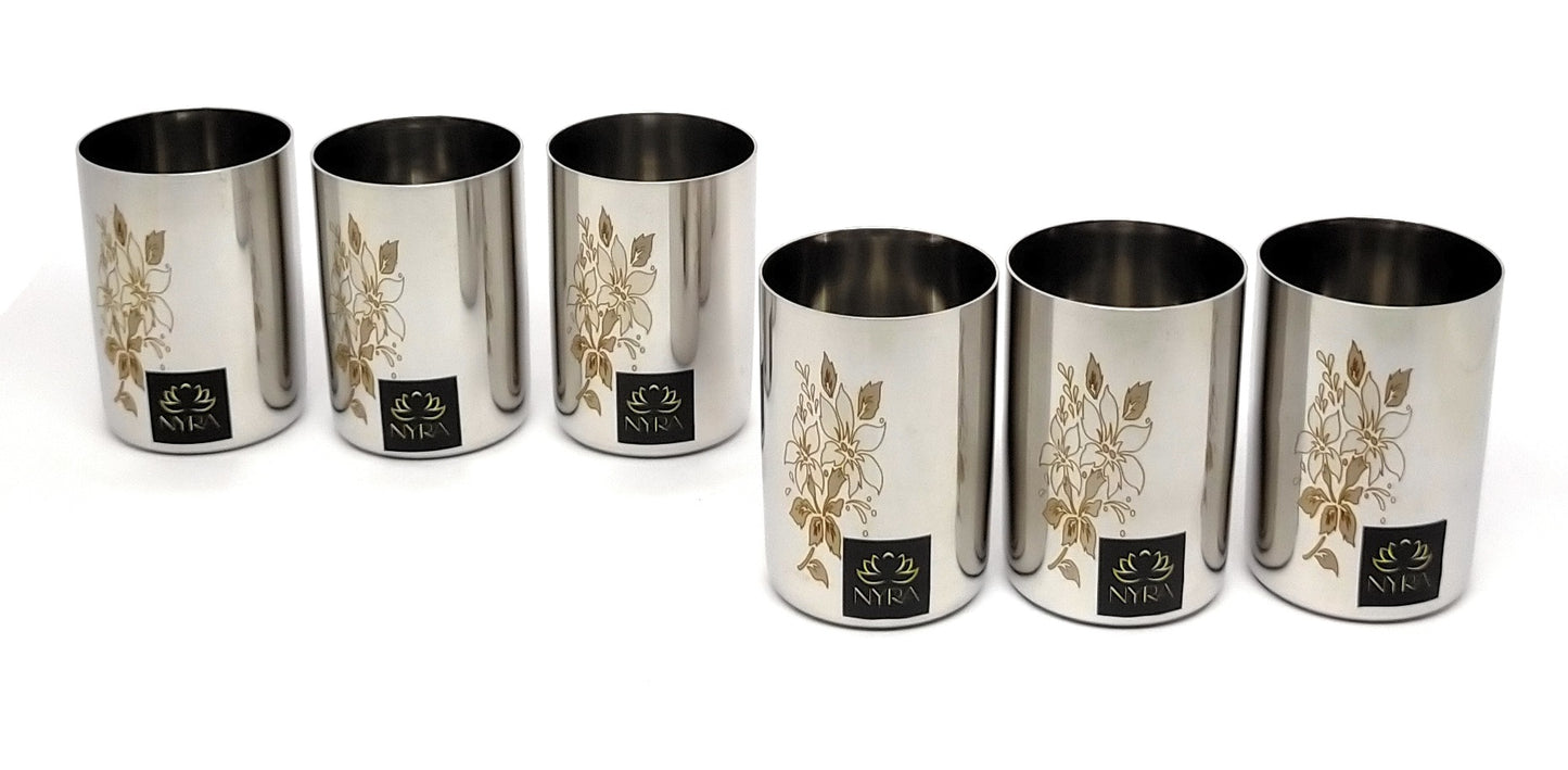 Stainless Steel Glass/ Tumbler with Laser Floral Design for Drinking  300 ML each