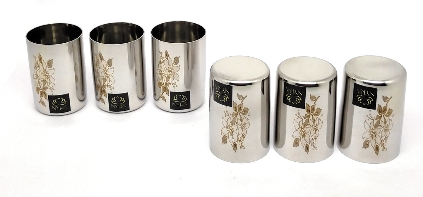 Stainless Steel Glass/ Tumbler with Laser Floral Design for Drinking  300 ML each