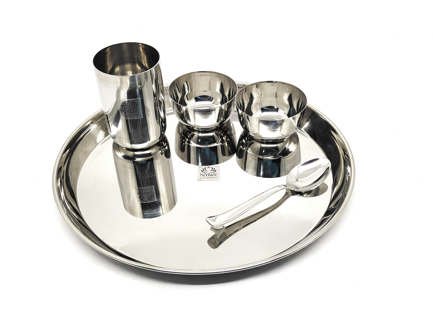 Stainless Steel Premium Thali/Dinner Set of 5-Pieces (1 Thali, 1 Glass, 1 Spoon & 2 Bowls) Dinnerware | Tableware, Silver