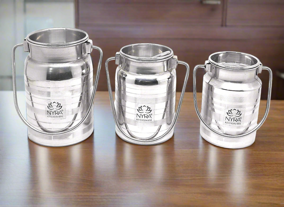 Stainless Steel Milk Can & Oil Pot Set | Glossy Silver Jointless Design with Lid Barni