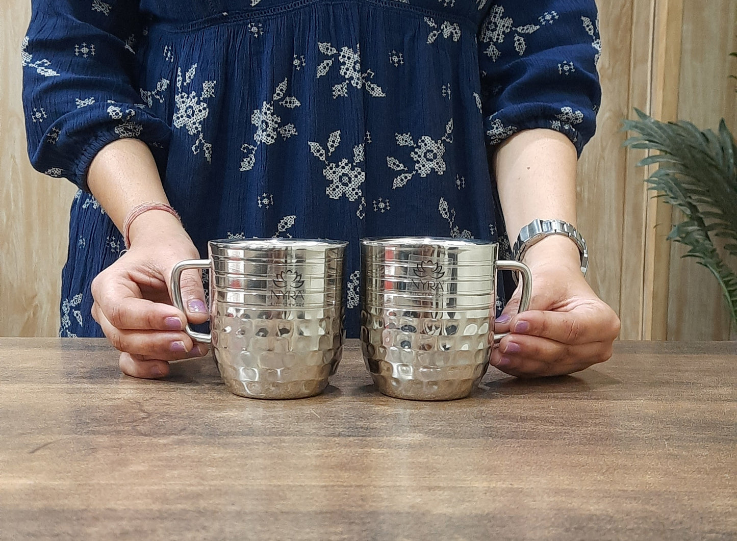 Stainless-Steel Cups with Glossy Finish/Hammered and Ringer Design Mugs Set of 2pcs.