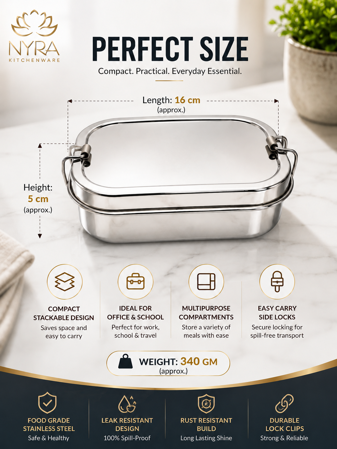 Stainless Steel Rectangular Lunch Box | Leak-Proof Tiffin with Inner Container & Locking Clip