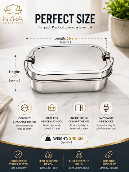 Stainless Steel Rectangular Lunch Box | Leak-Proof Tiffin with Inner Container & Locking Clip