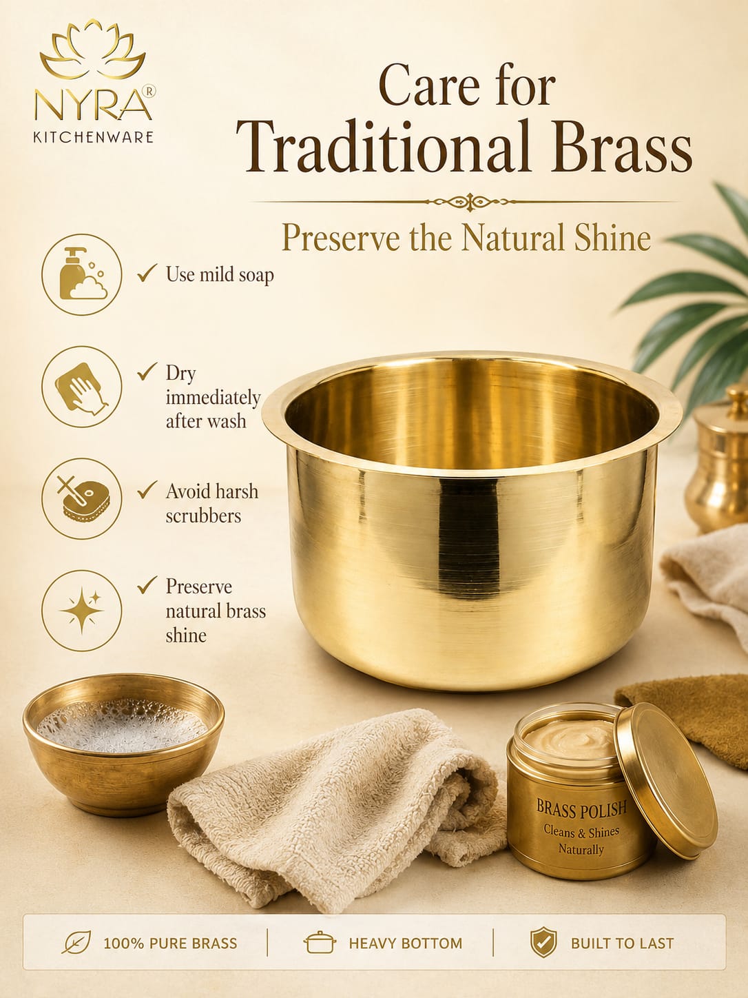 Nyra Kitchenware brass pot with care instructions and product details on a light background