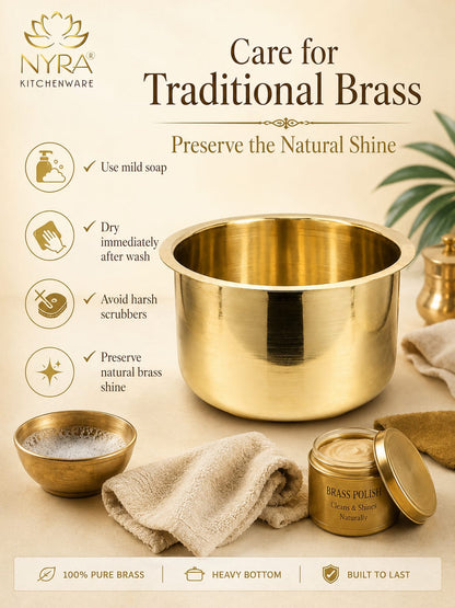 Nyra Kitchenware brass pot with care instructions and product details on a light background