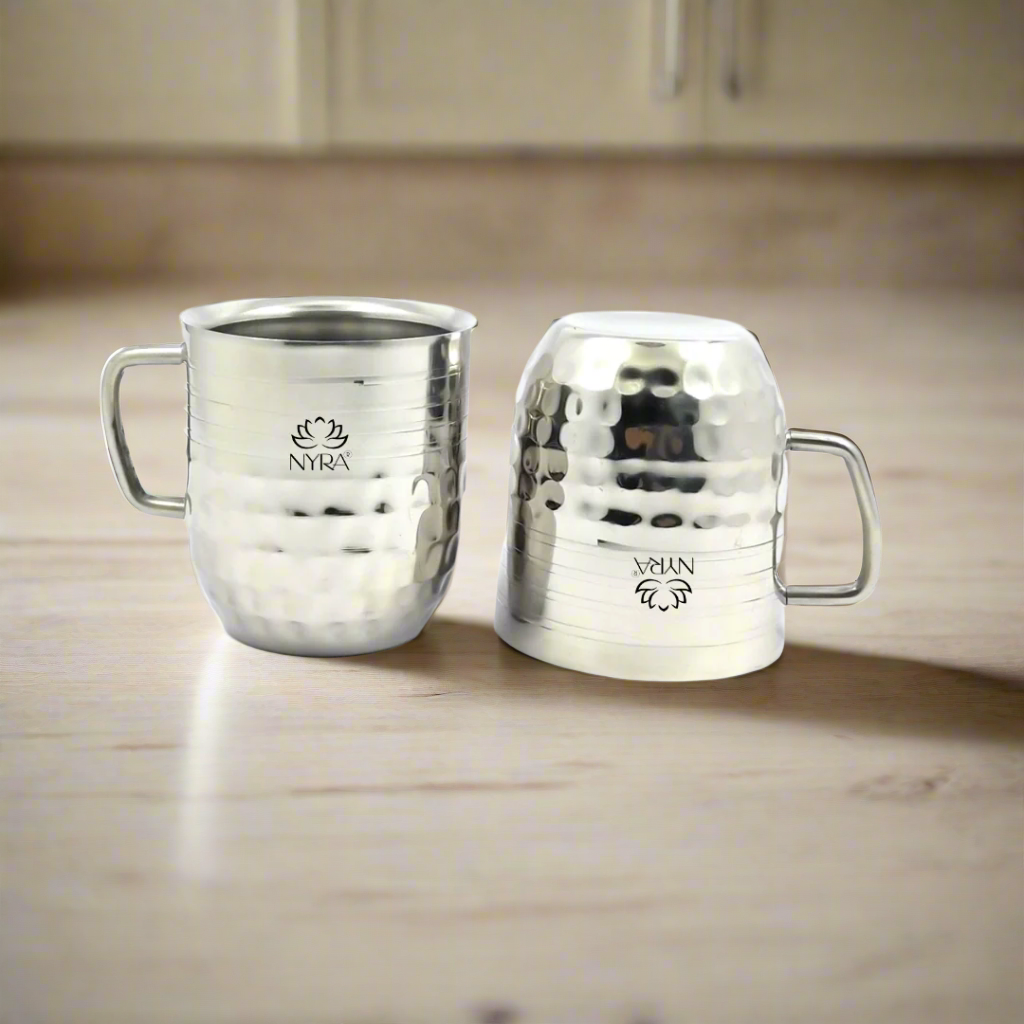 Stainless-Steel Cups with Glossy Finish/Hammered and Ringer Design Mugs Set of 2pcs.