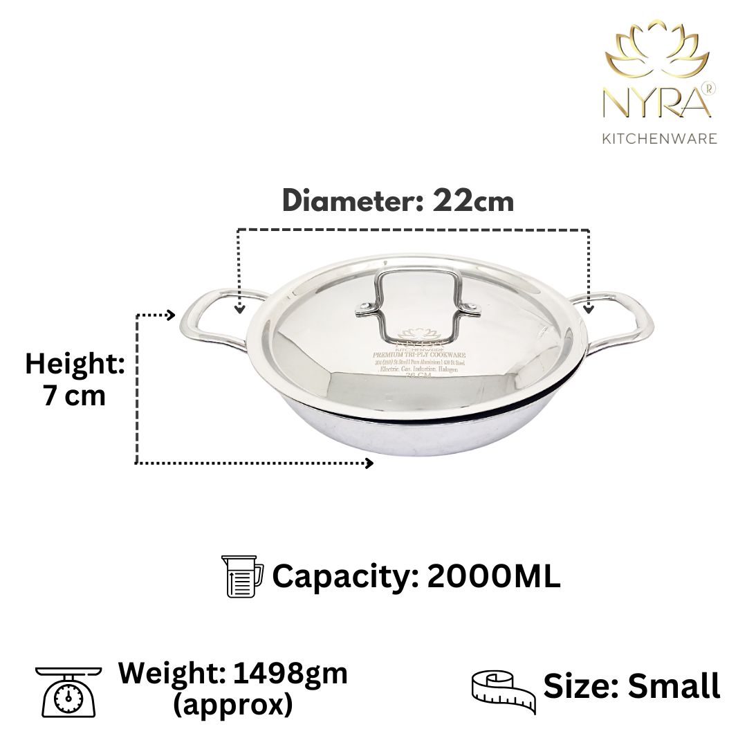 Triply Stainless Steel Kadhai Set with Lid – Induction Friendly Heavy Bottom Cookware Wok