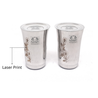 Premium Stainless Steel Floral Print Glass Set with Lid | Coaster