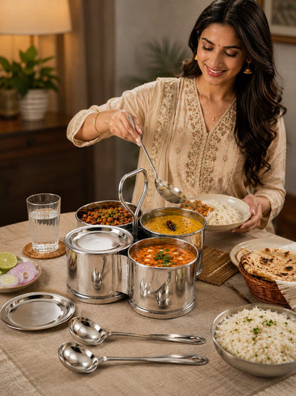 Stainless Steel Vegetable/Curry Holder (Chougadha) Serving Set with Lid & Serving Spoons | Glossy Mirror Finish Chaumukha | Multipurpose Buffet, Catering & Dining Serveware |