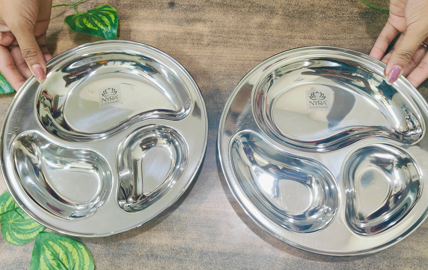 Stainless Steel 3-Compartment Dinner Plates | Mango-shaped Plates for Meals & Snacks |