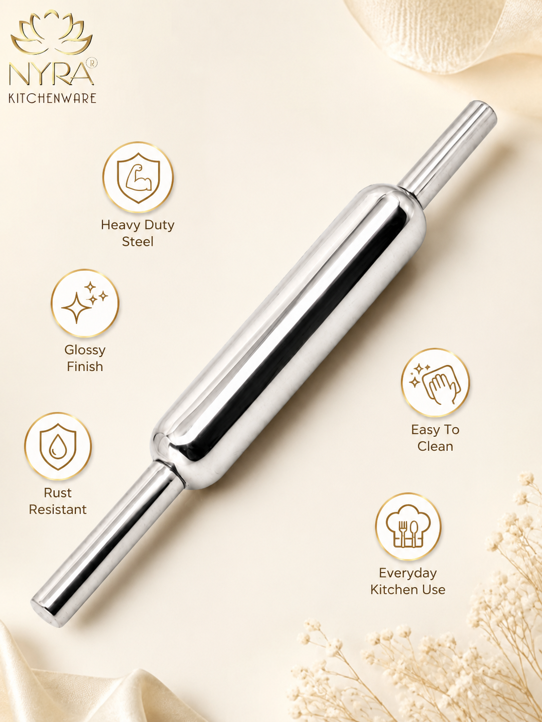 Stainless Steel Chapati Roller Pin - Durable Belan for Perfectly Rolled Chapatis