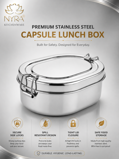 Stainless Steel Capsule Lunch Box with Plate & Double Decker Separator | Glossy Finish Steel Tiffin Box - Durable Food Storage Container
