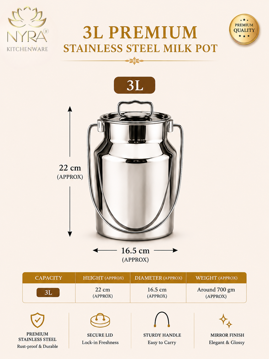 Premium Stainless Steel Milk & Oil Container with Lid – Durable Storage Solution - 6 Sizes