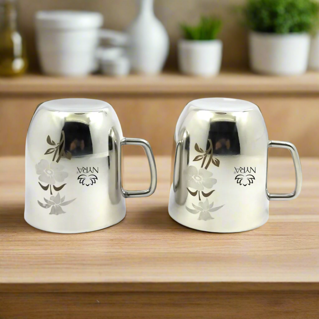 Stainless Steel Glossy Finish Cups with Laser Print & Riveted Handles - Set of 2