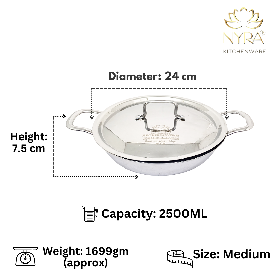 Triply Stainless Steel Kadhai Set with Lid – Induction Friendly Heavy Bottom Cookware Wok