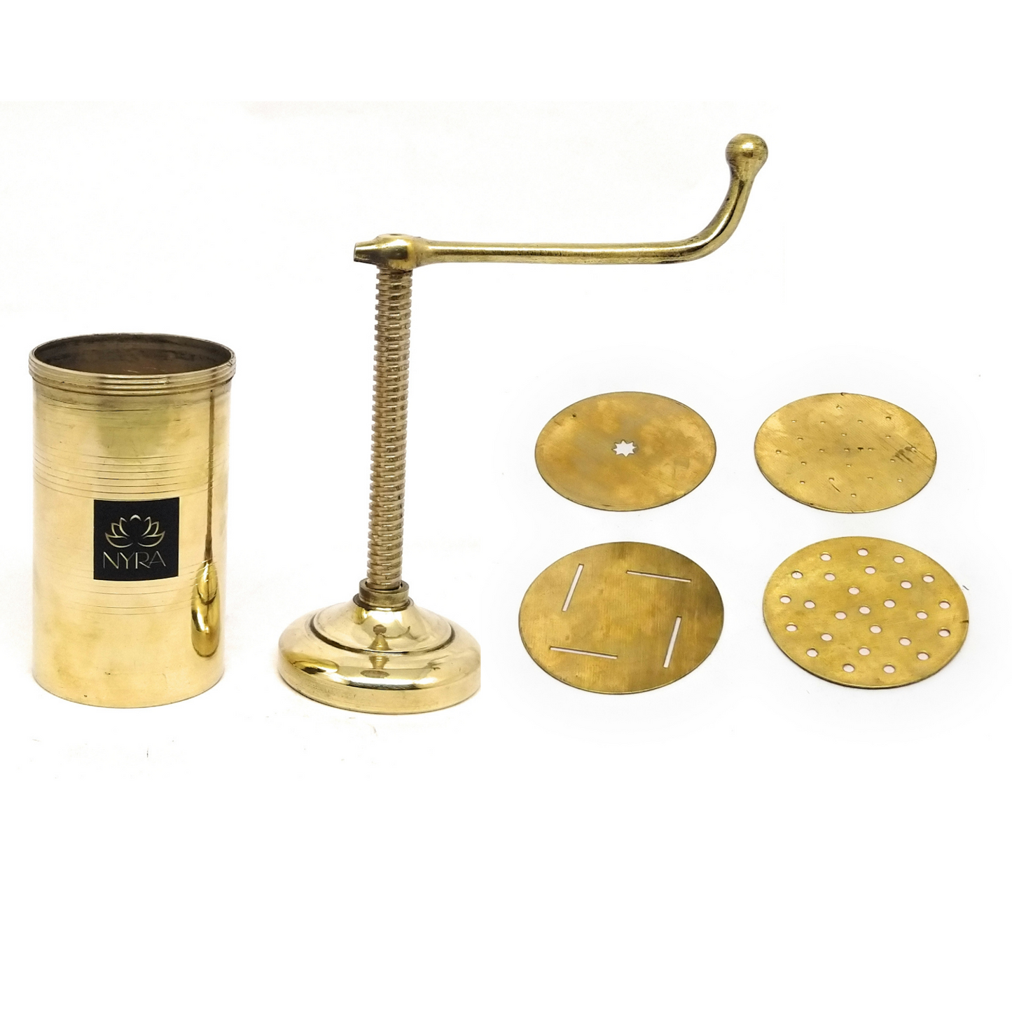 Brass kitchen tool set with cylindrical container, lever, and four circular discs on a white background