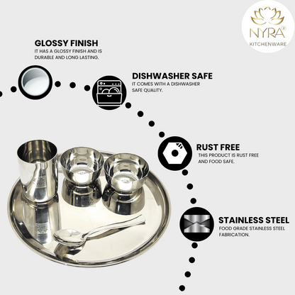 Stainless Steel Premium Thali/Dinner Set of 5-Pieces (1 Thali, 1 Glass, 1 Spoon & 2 Bowls) Dinnerware | Tableware, Silver