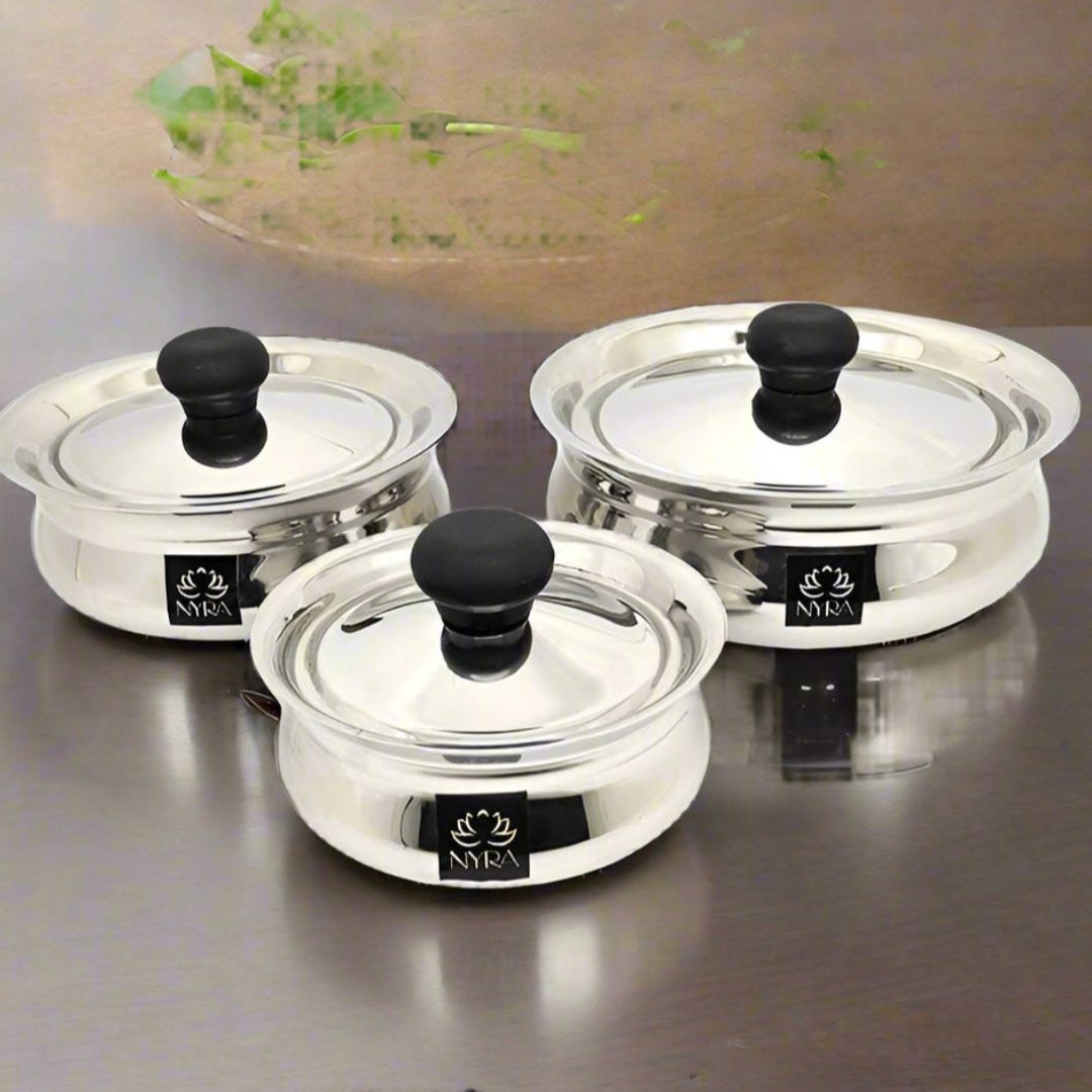 Stainless Steel Biryani Handis with Lid & PVC Knob - Set of 3pcs.