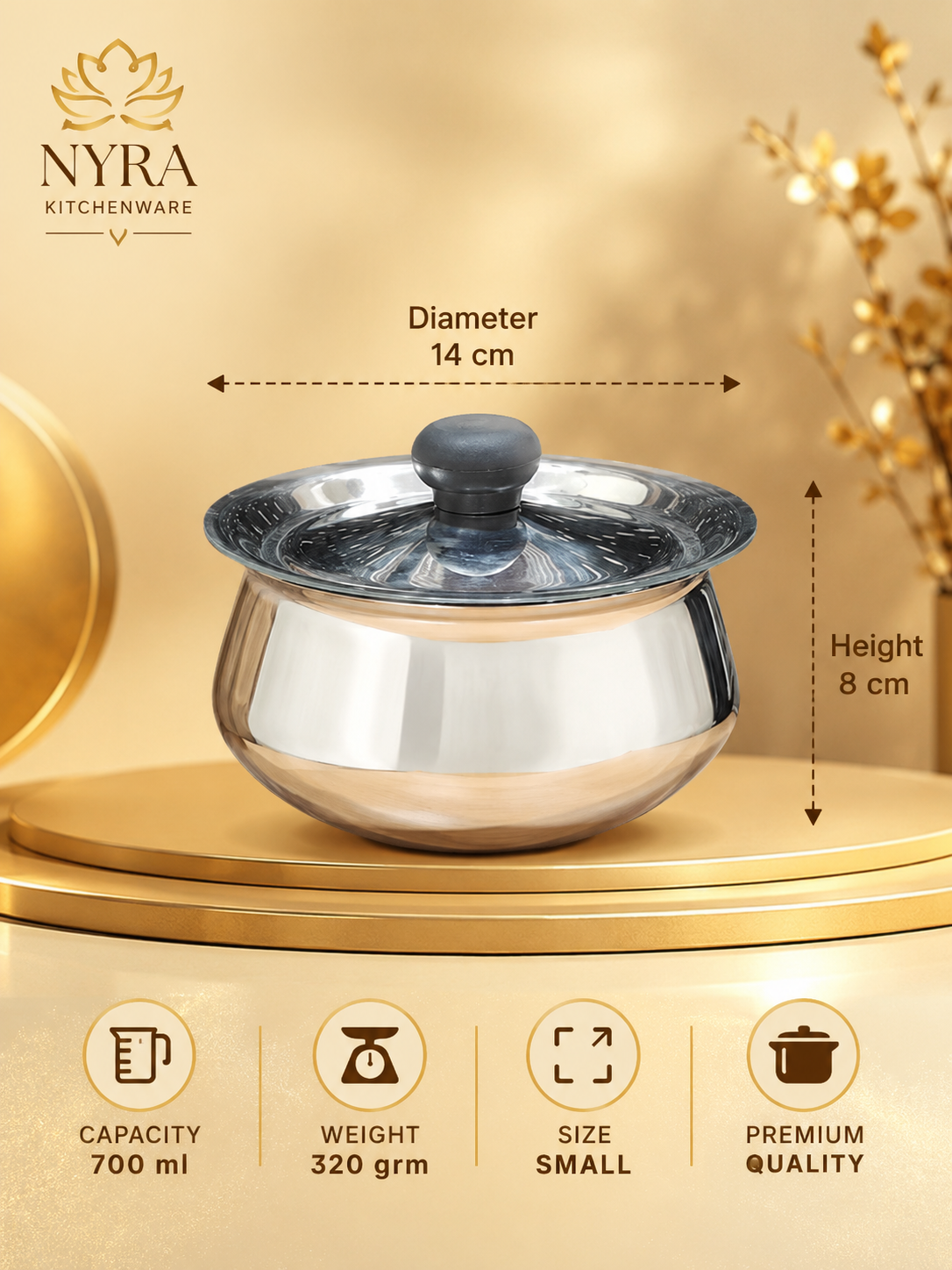 Stainless Steel Pulao Handi with Lid and PVC Knob - Available in 3 sizes