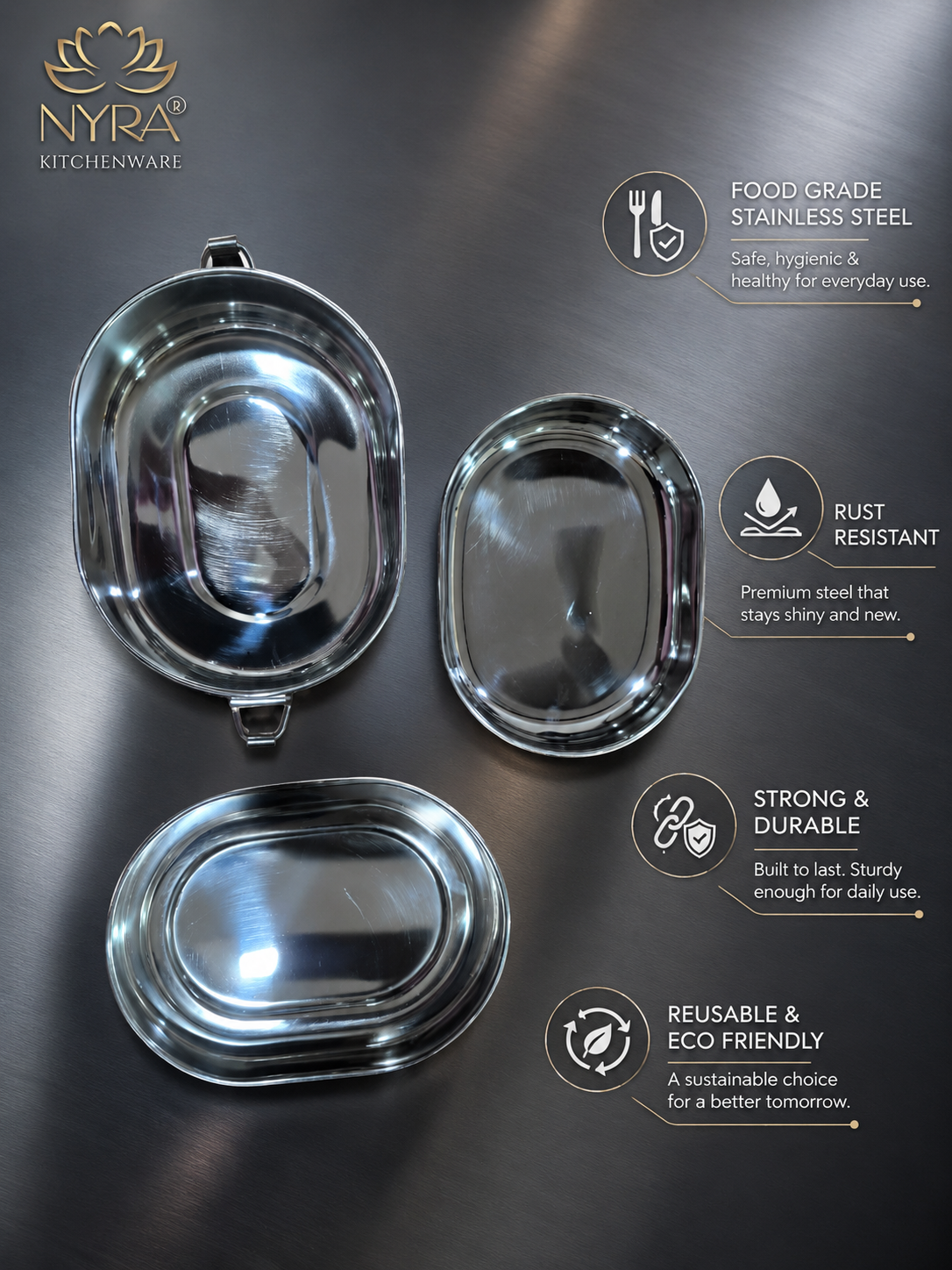 Stainless Steel Capsule Lunch Box with Plate & Double Decker Separator | Glossy Finish Steel Tiffin Box - Durable Food Storage Container