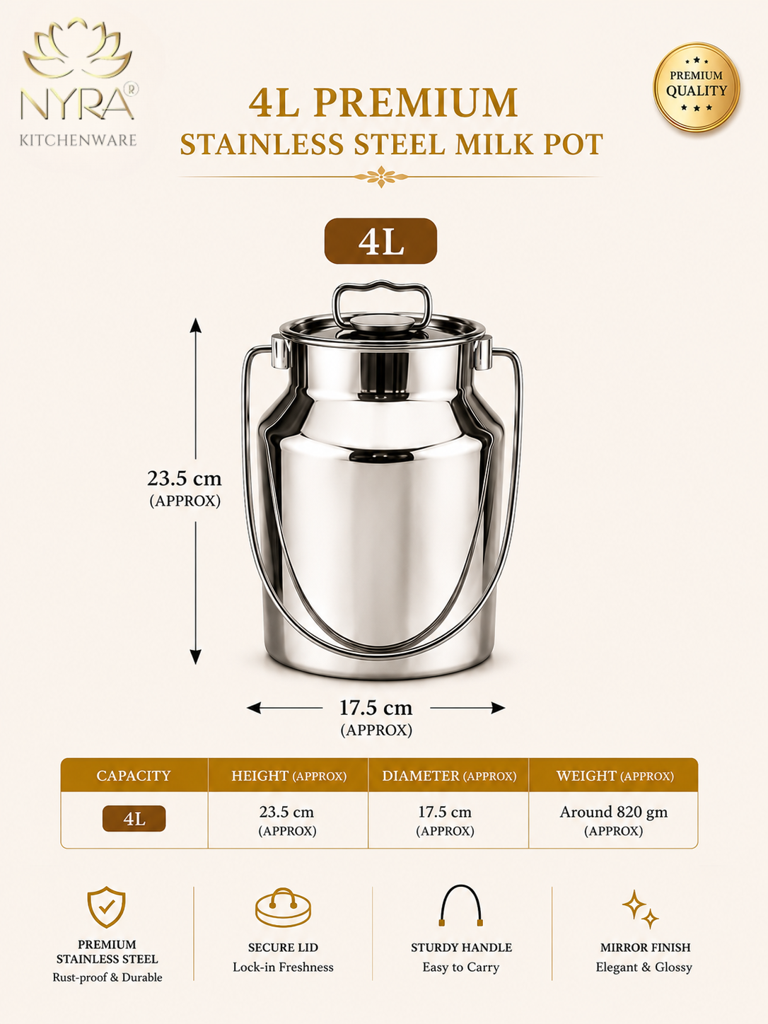 Premium Stainless Steel Milk & Oil Container with Lid – Durable Storage Solution - 6 Sizes