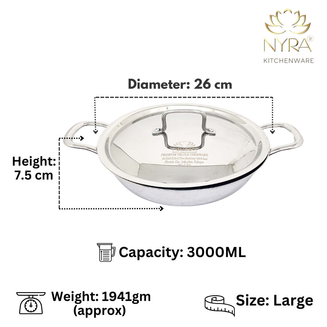 Triply Stainless Steel Kadhai Set with Lid – Induction Friendly Heavy Bottom Cookware Wok