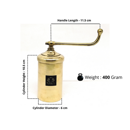 Brass manual press with measurements and weight details on a white background