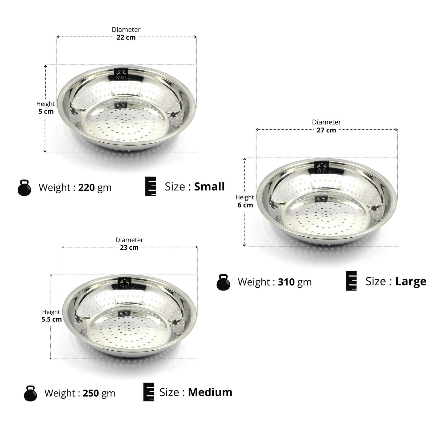 Stainless Steel Strainer/ Chawal Chalni - 3 pcs set