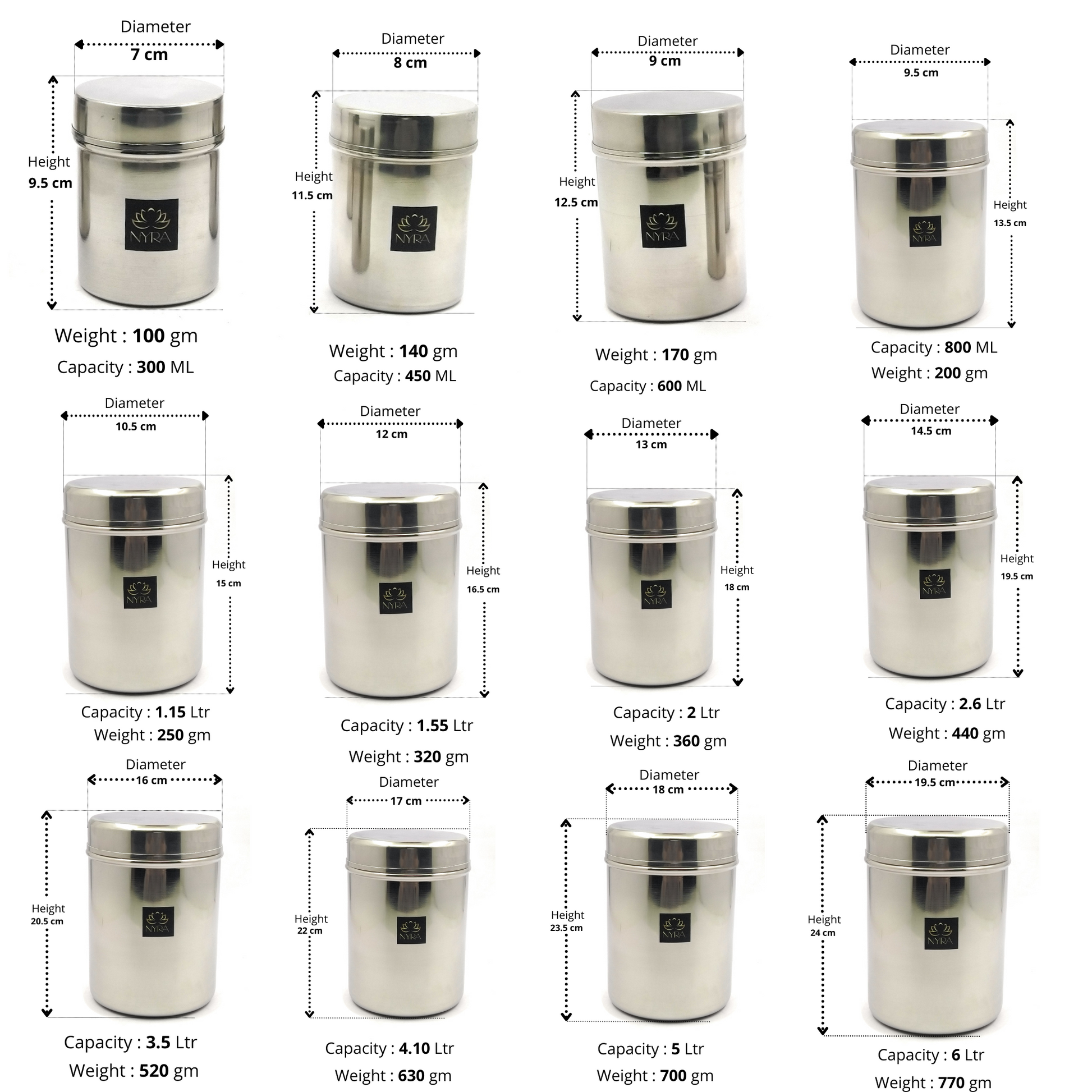 dimensions of different sizes of Stainless-Steel Cylindrical Shaped Deep Storage Box Containers