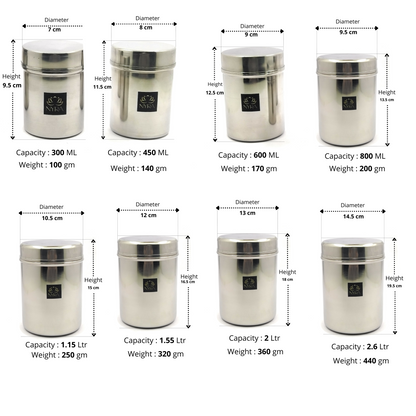 dimensions of different sizes of Stainless Steel Cylindrical Deep Storage Containers