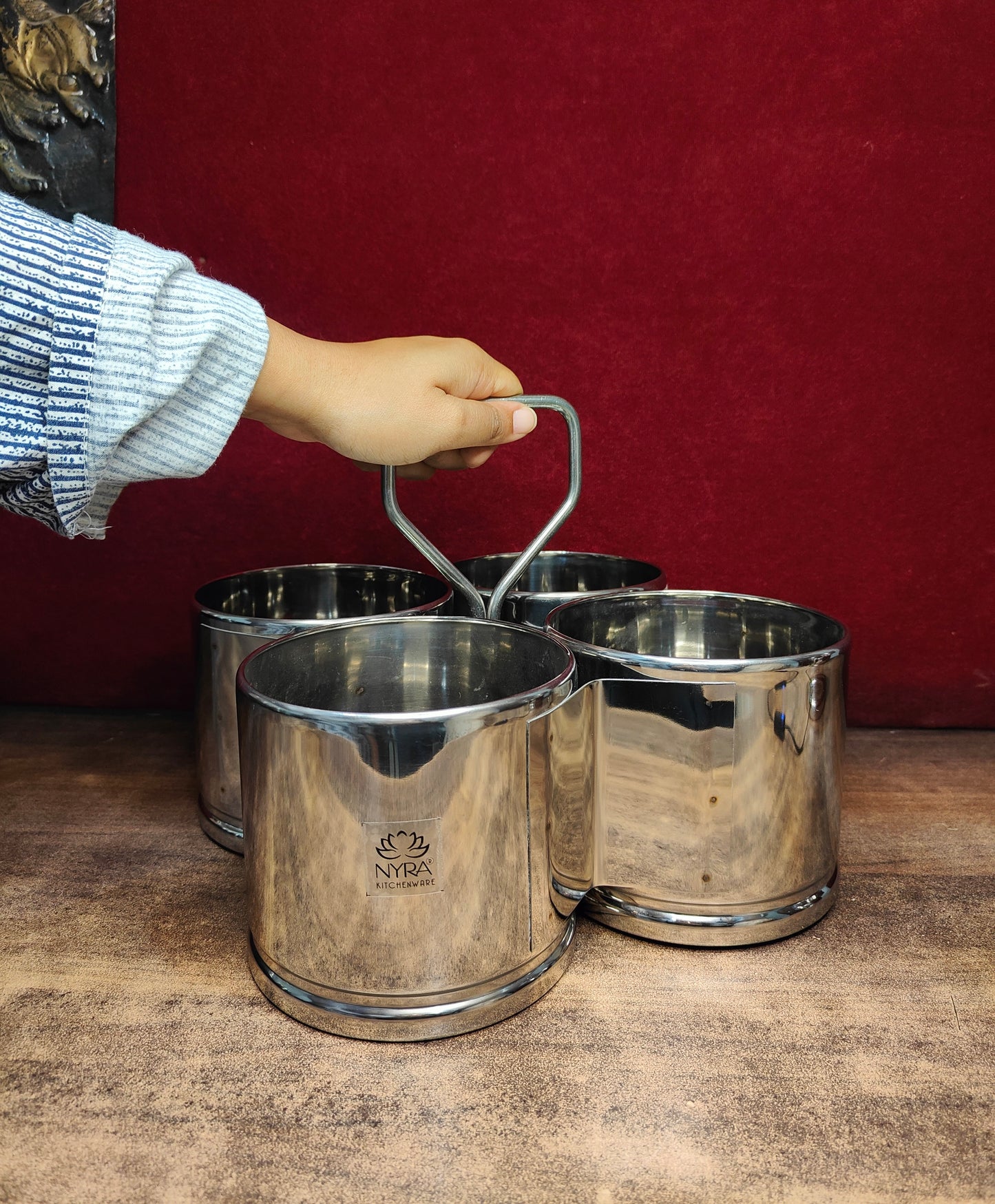 Stainless Steel Chougadha | Chaumukha Vegetable Holder with Handle – Premium 2, 3, 4 Container
