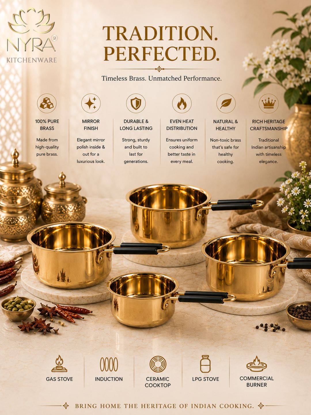 Pure Brass Saucepan - Thick Gauge Body, Ergonomic Heat‑Resistant Black Handle, Gas Stove Compatible | Traditional Indian Cookware