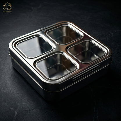 Stainless Steel 4-Compartment Dry Fruit Box with See-Through Lid