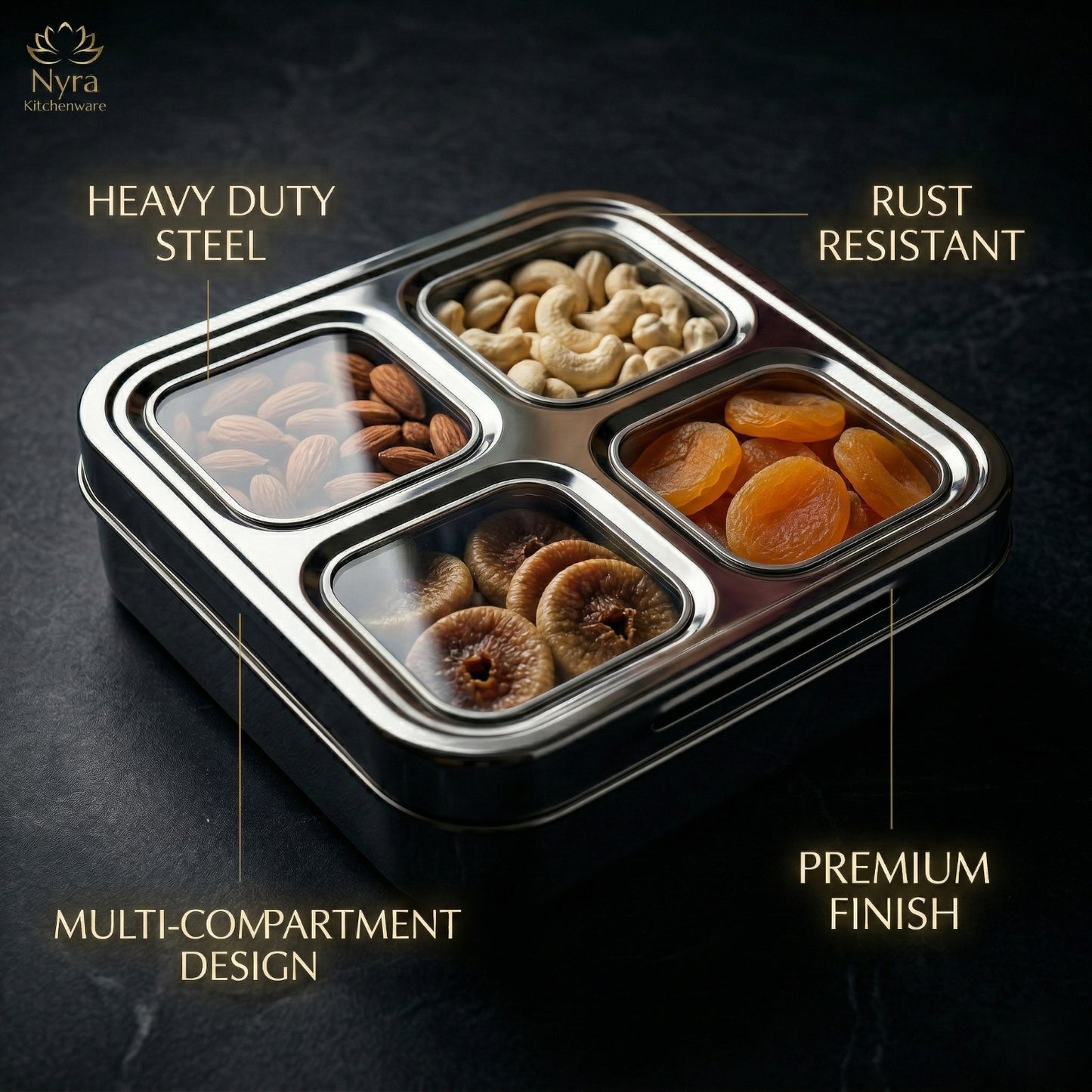 Stainless Steel 4-Compartment Dry Fruit Box with See-Through Lid