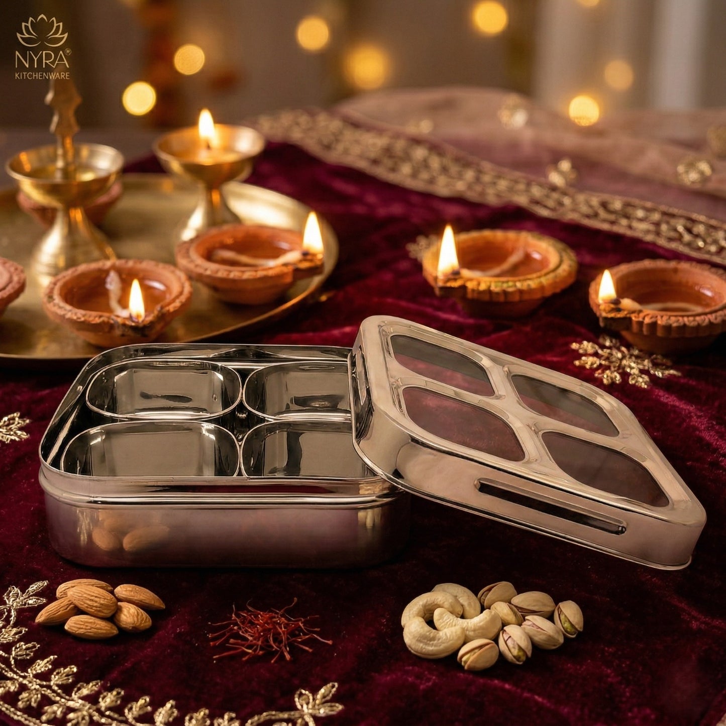 Stainless Steel 4-Compartment Dry Fruit Box with See-Through Lid