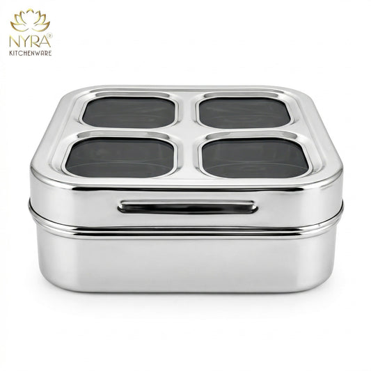 Stainless Steel 4-Compartment Dry Fruit Box with See-Through Lid