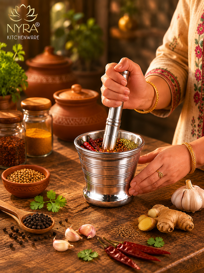 Premium Stainless Steel Mortar & Pestle Set/Khalbatta/Imam Dasta - 3 sizes
